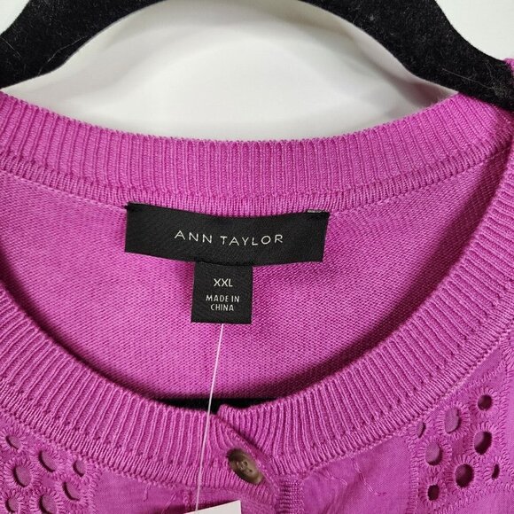 NEW Ann Taylor Mixed Media Eyelet Ann Cardigan Button Down Purple Pink XXL - Picture 7 of 12